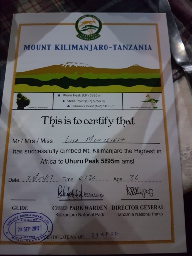 My Mt Kilimanjaro certificate